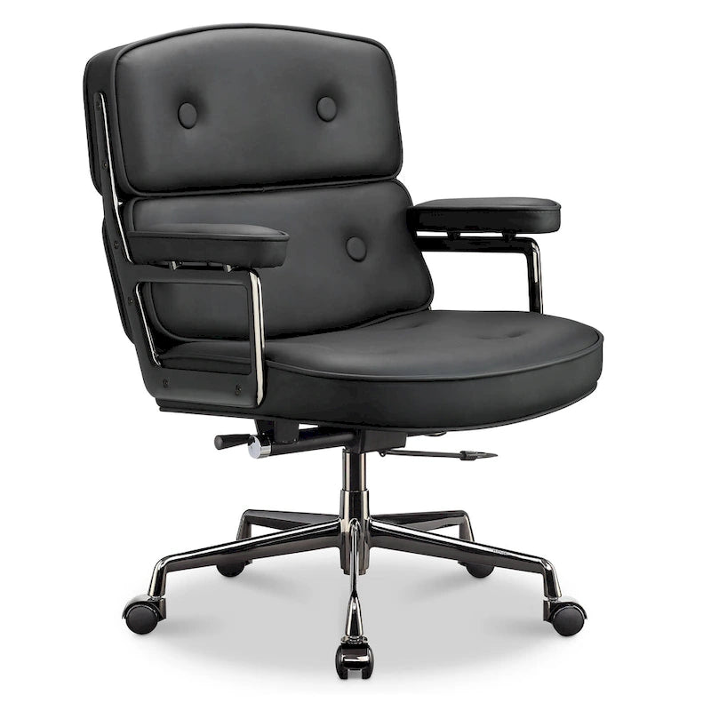 Fauteuil de bureau ergonomique en cuir capitonné à dossier mi-haut avec accoudoirs chromés