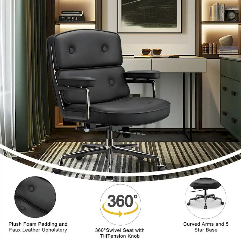 Fauteuil de bureau ergonomique en cuir capitonné à dossier mi-haut avec accoudoirs chromés