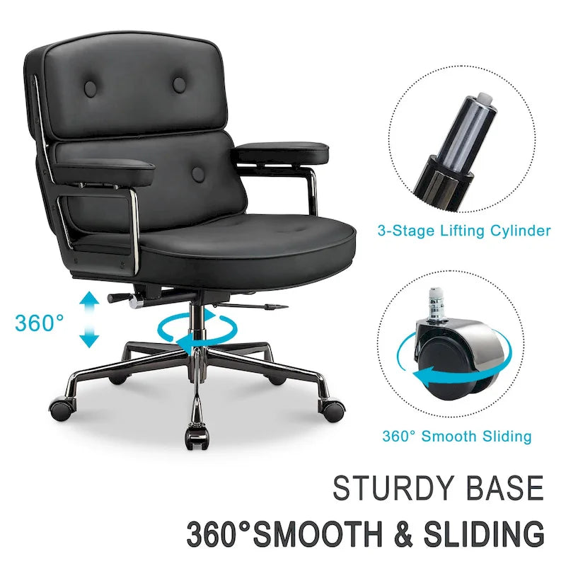 Fauteuil de bureau ergonomique en cuir capitonné à dossier mi-haut avec accoudoirs chromés