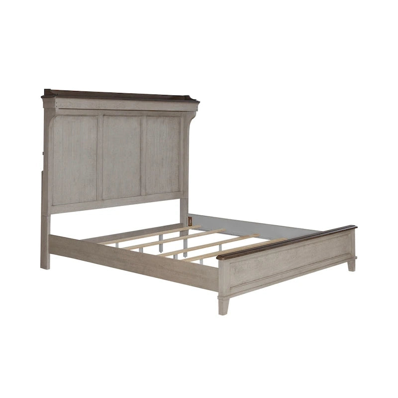 Lit King Panel de ferme avec tête de lit à manteau et éclairage LED blanc patiné