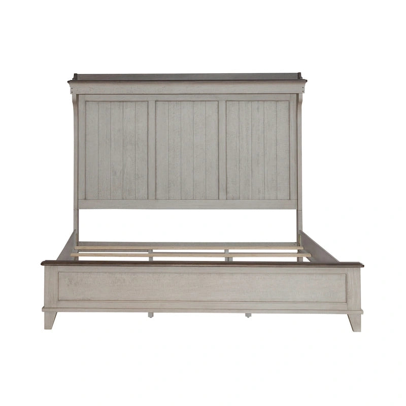 Lit King Panel de ferme avec tête de lit à manteau et éclairage LED blanc patiné