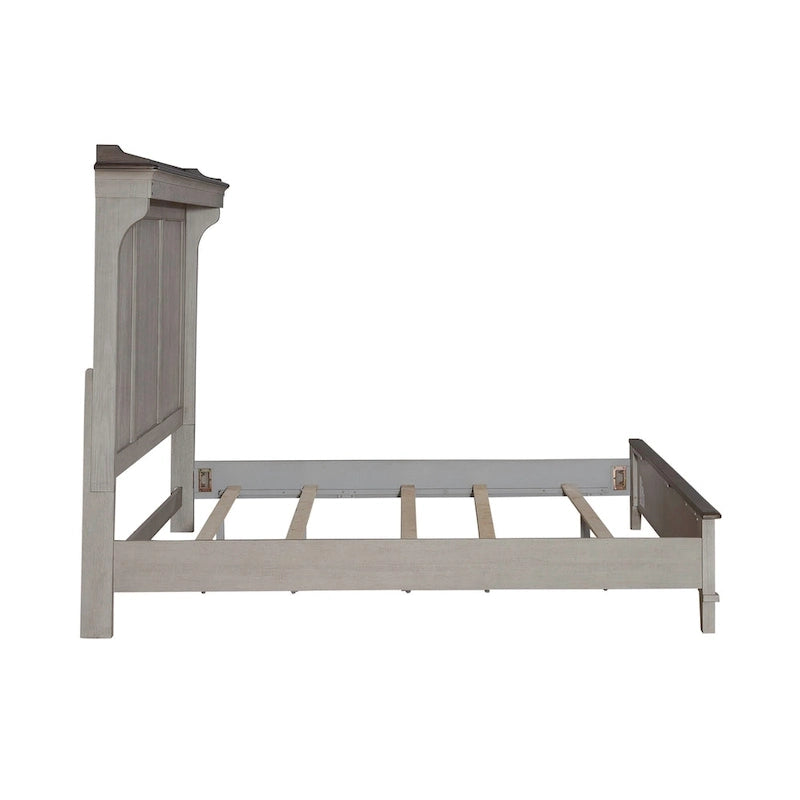 Lit King Panel de ferme avec tête de lit à manteau et éclairage LED blanc patiné