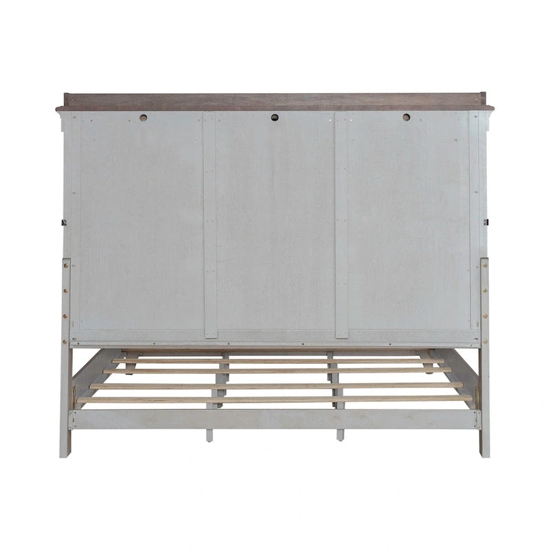 Lit King Panel de ferme avec tête de lit à manteau et éclairage LED blanc patiné