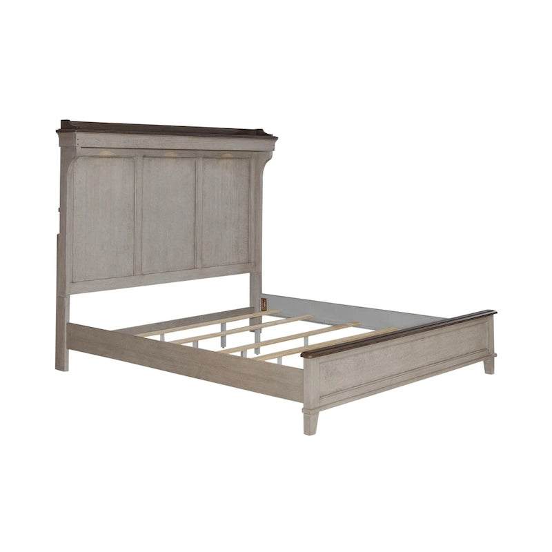 Lit King Panel de ferme avec tête de lit à manteau et éclairage LED blanc patiné