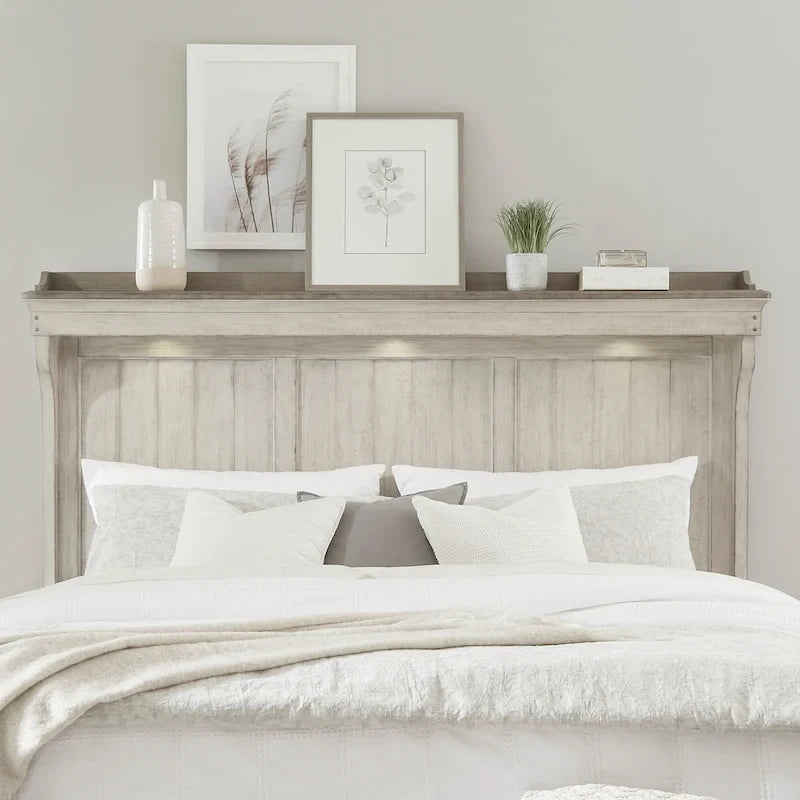 Lit King Panel de ferme avec tête de lit à manteau et éclairage LED blanc patiné
