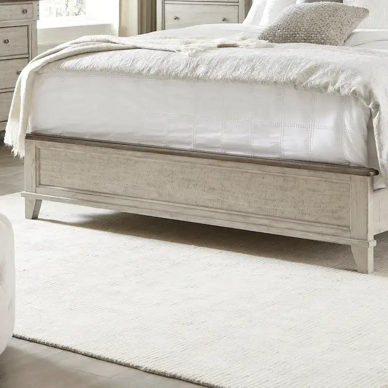 Lit King Panel de ferme avec tête de lit à manteau et éclairage LED blanc patiné