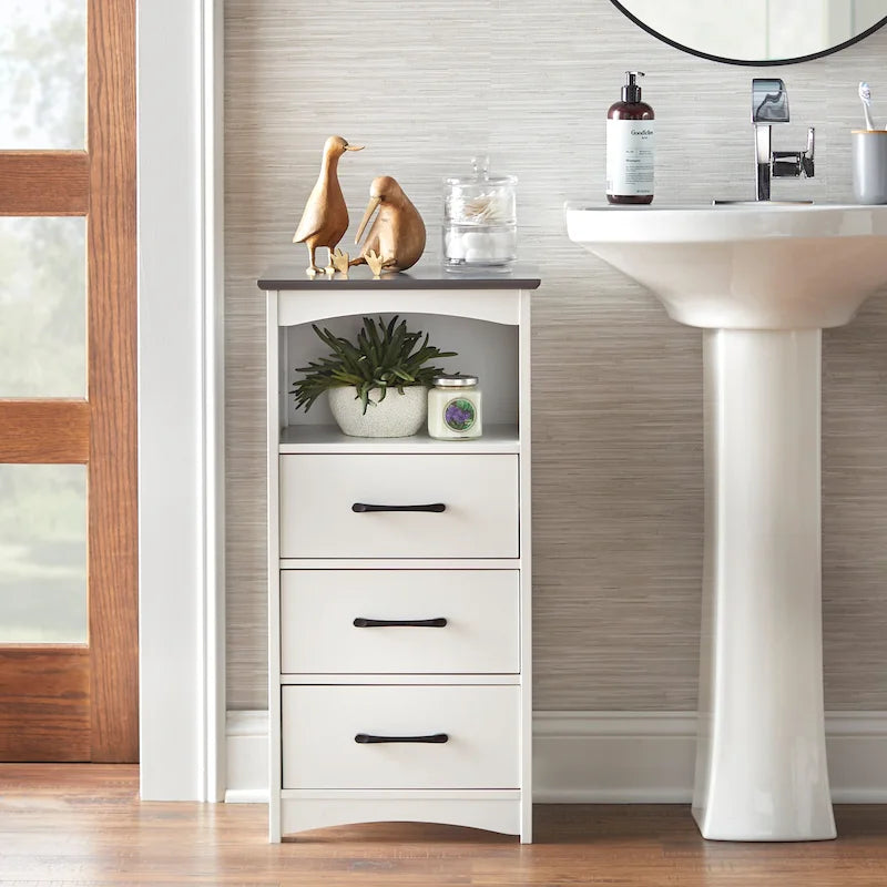 Meuble de rangement de salle de bain 3 tiroirs blanc avec étagère ouverte en MDF et plateau gris anthracite