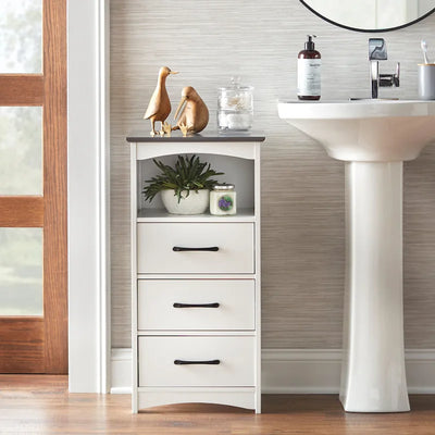 3-Drawer Bathroom Storage Cabinet White with Charcoal Grey Top Open Shelf MDF