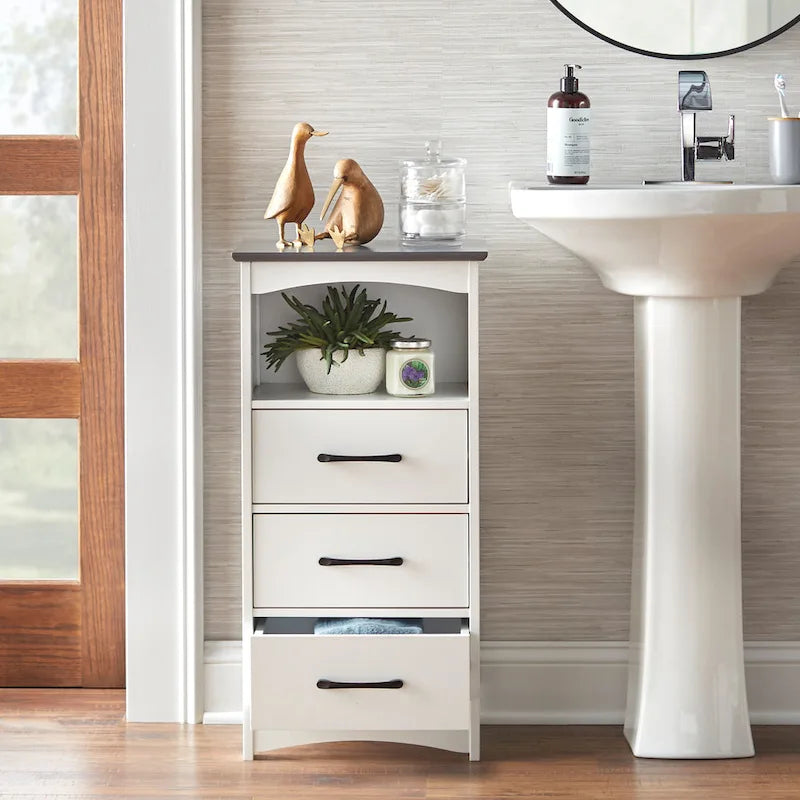 Meuble de rangement de salle de bain 3 tiroirs blanc avec étagère ouverte en MDF et plateau gris anthracite
