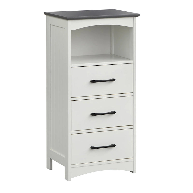 Meuble de rangement de salle de bain 3 tiroirs blanc avec étagère ouverte en MDF et plateau gris anthracite