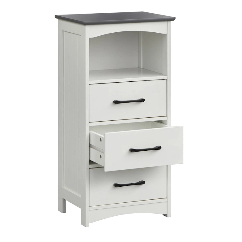 Meuble de rangement de salle de bain 3 tiroirs blanc avec étagère ouverte en MDF et plateau gris anthracite