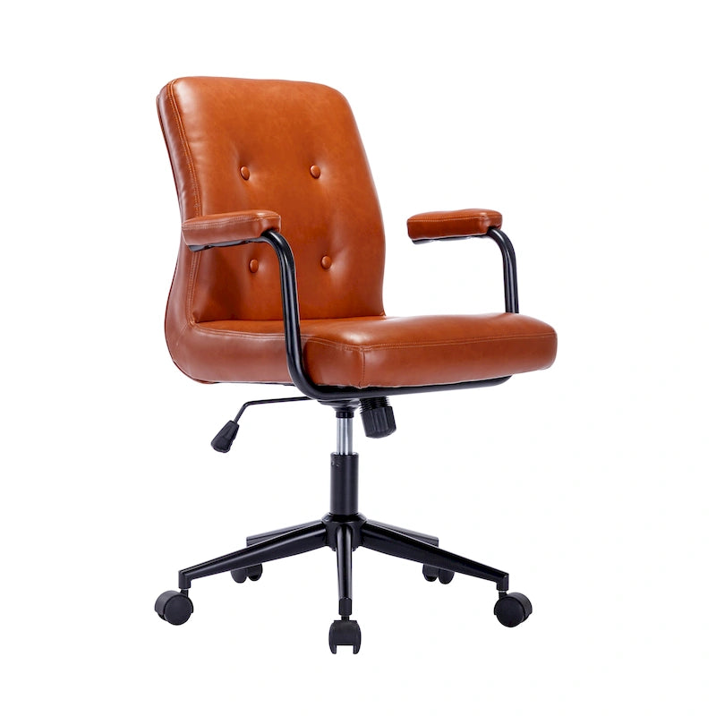 Chaise de bureau pivotante en similicuir à dossier mi-hauteur avec boutons touffetés, hauteur réglable, marron, blanc, noir