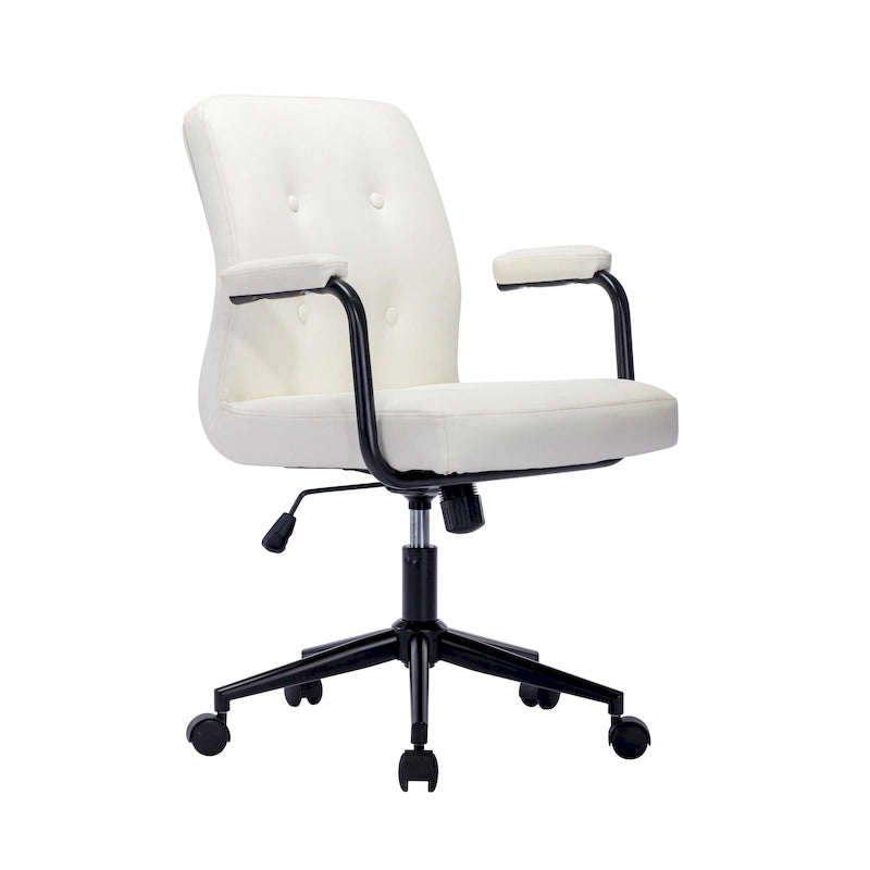 Chaise de bureau pivotante en similicuir à dossier mi-hauteur avec boutons touffetés, hauteur réglable, marron, blanc, noir