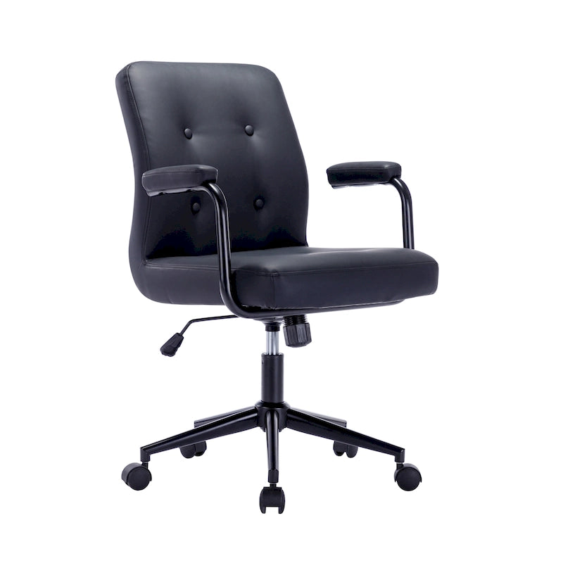 Chaise de bureau pivotante en similicuir à dossier mi-hauteur avec boutons touffetés, hauteur réglable, marron, blanc, noir