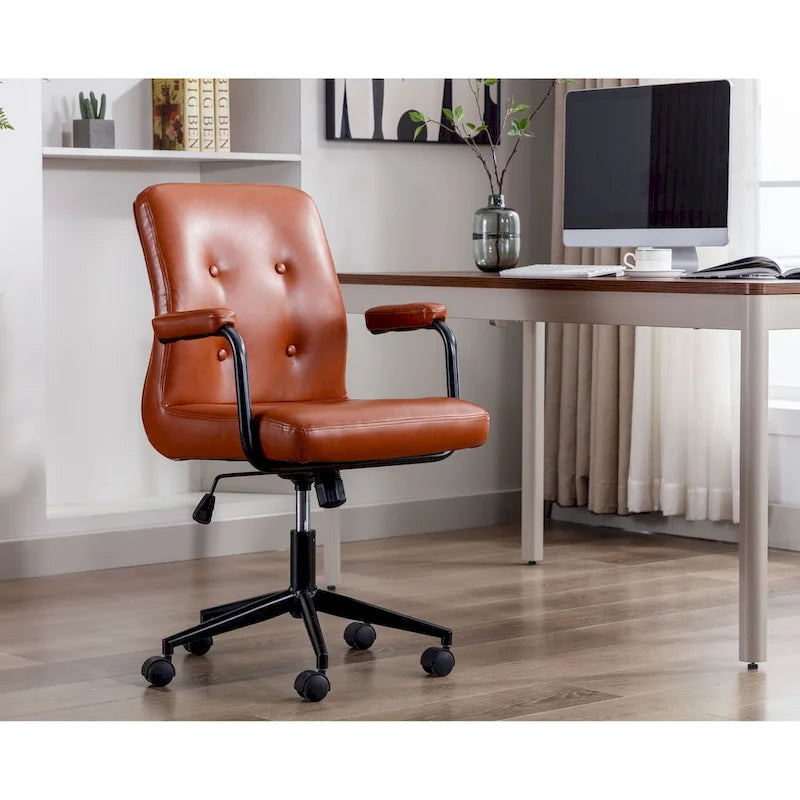 Chaise de bureau pivotante en similicuir à dossier mi-hauteur avec boutons touffetés, hauteur réglable, marron, blanc, noir