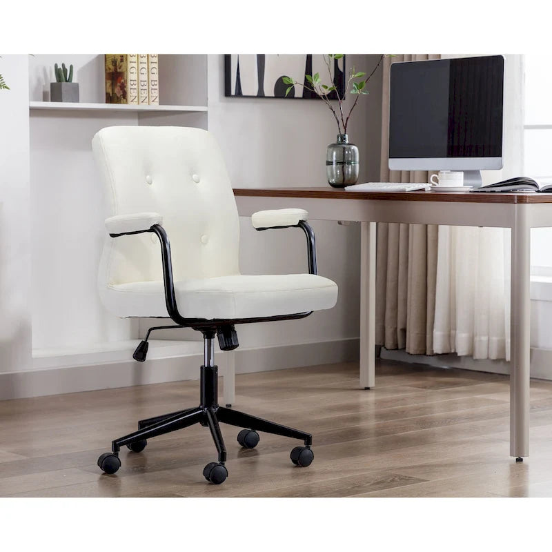 Chaise de bureau pivotante en similicuir à dossier mi-hauteur avec boutons touffetés, hauteur réglable, marron, blanc, noir