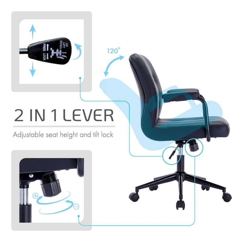 Chaise de bureau pivotante en similicuir à dossier mi-hauteur avec boutons touffetés, hauteur réglable, marron, blanc, noir