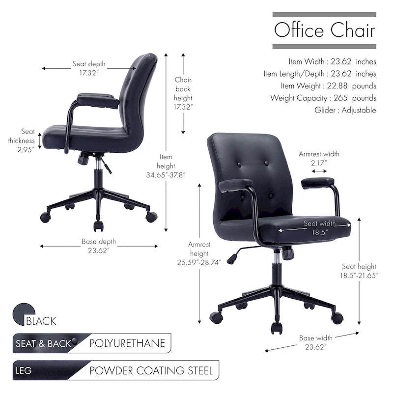 Chaise de bureau pivotante en similicuir à dossier mi-hauteur avec boutons touffetés, hauteur réglable, marron, blanc, noir