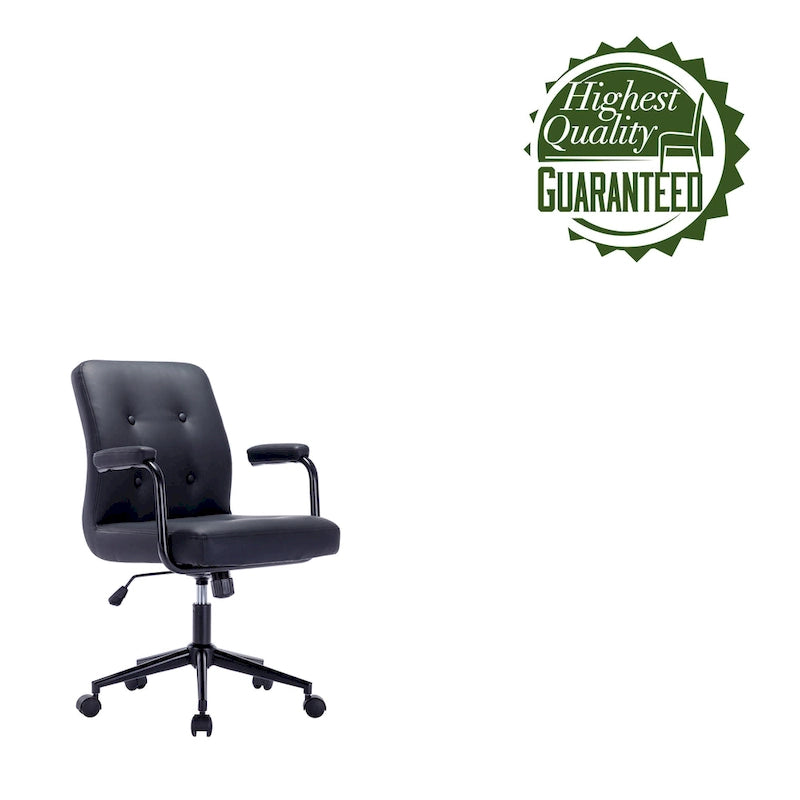 Chaise de bureau pivotante en similicuir à dossier mi-hauteur avec boutons touffetés, hauteur réglable, marron, blanc, noir