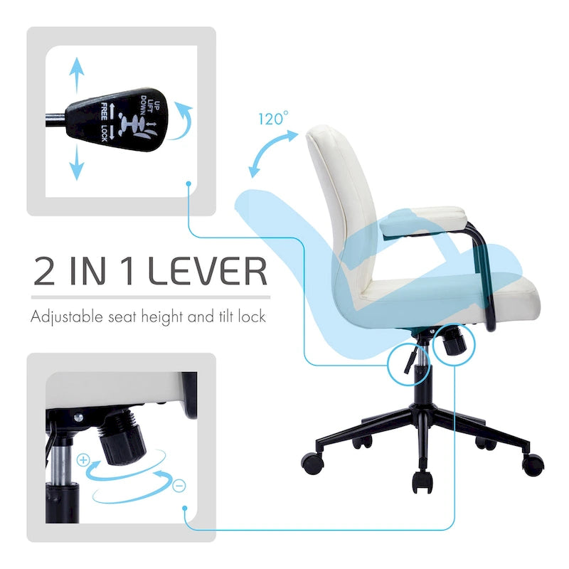 Chaise de bureau pivotante en similicuir à dossier mi-hauteur avec boutons touffetés, hauteur réglable, marron, blanc, noir