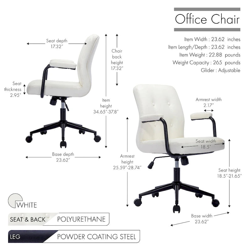 Chaise de bureau pivotante en similicuir à dossier mi-hauteur avec boutons touffetés, hauteur réglable, marron, blanc, noir