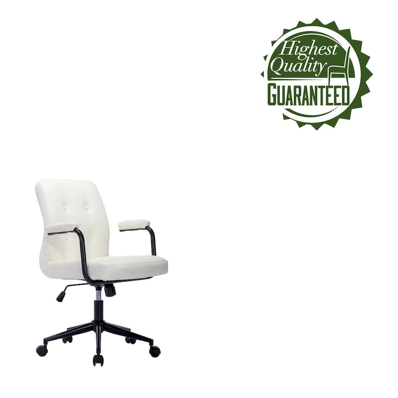 Chaise de bureau pivotante en similicuir à dossier mi-hauteur avec boutons touffetés, hauteur réglable, marron, blanc, noir