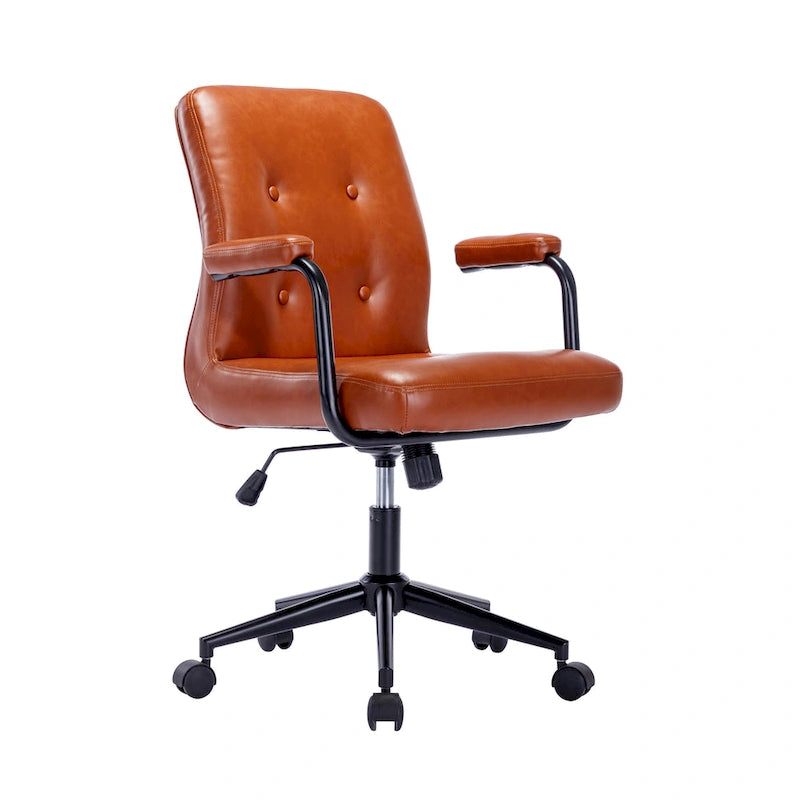 Chaise de bureau pivotante en similicuir à dossier mi-hauteur avec boutons touffetés, hauteur réglable, marron, blanc, noir