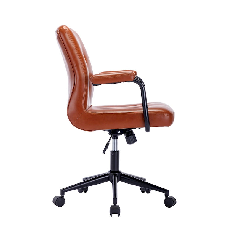 Chaise de bureau pivotante en similicuir à dossier mi-hauteur avec boutons touffetés, hauteur réglable, marron, blanc, noir