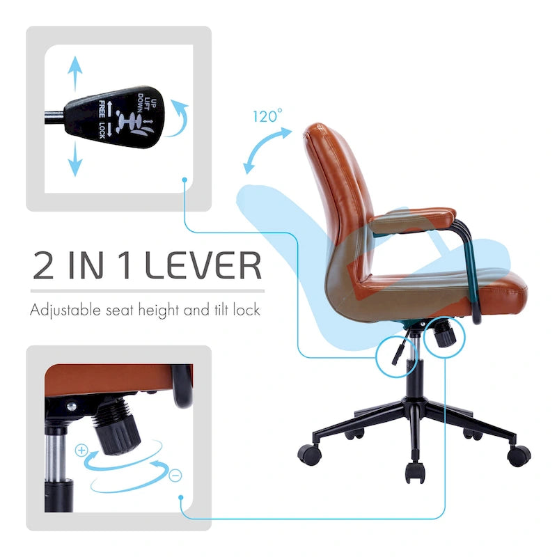 Chaise de bureau pivotante en similicuir à dossier mi-hauteur avec boutons touffetés, hauteur réglable, marron, blanc, noir