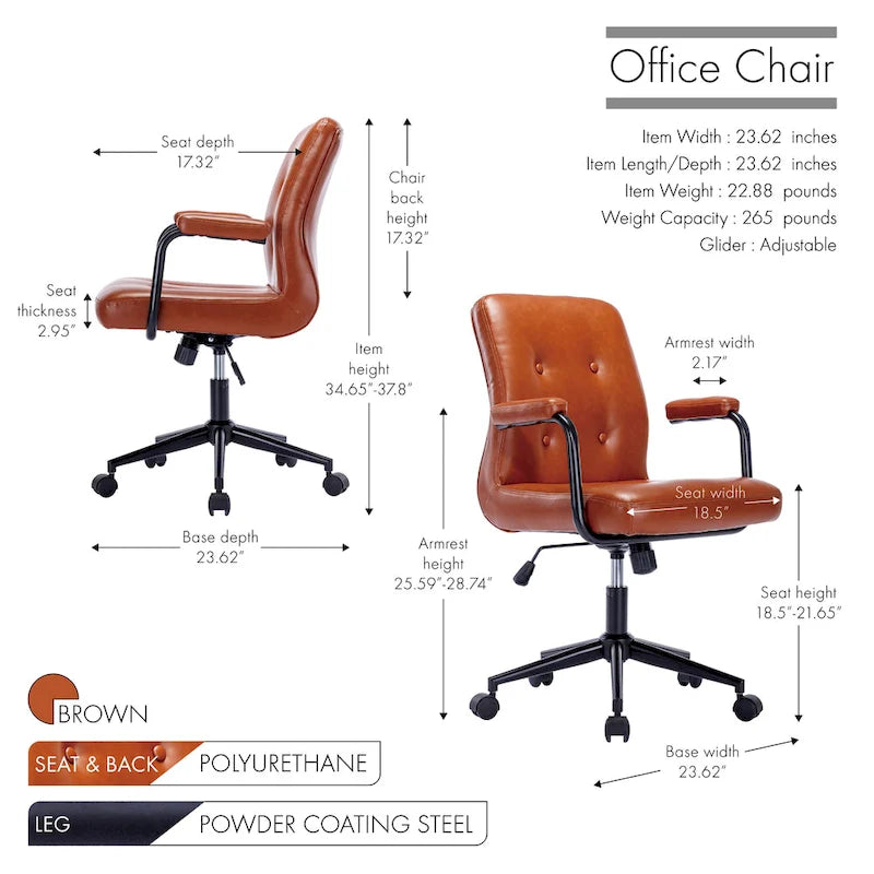 Chaise de bureau pivotante en similicuir à dossier mi-hauteur avec boutons touffetés, hauteur réglable, marron, blanc, noir