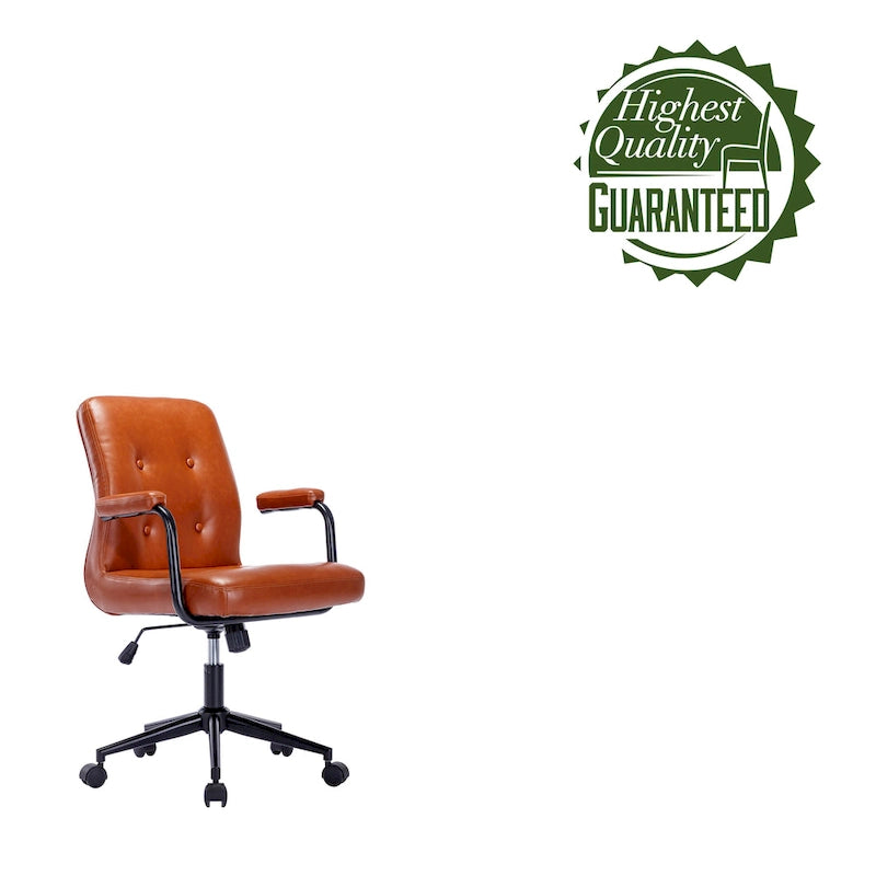 Chaise de bureau pivotante en similicuir à dossier mi-hauteur avec boutons touffetés, hauteur réglable, marron, blanc, noir