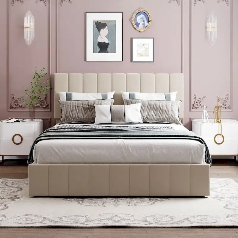 Lit plateforme Queen rembourré avec rangement hydraulique, lin beige