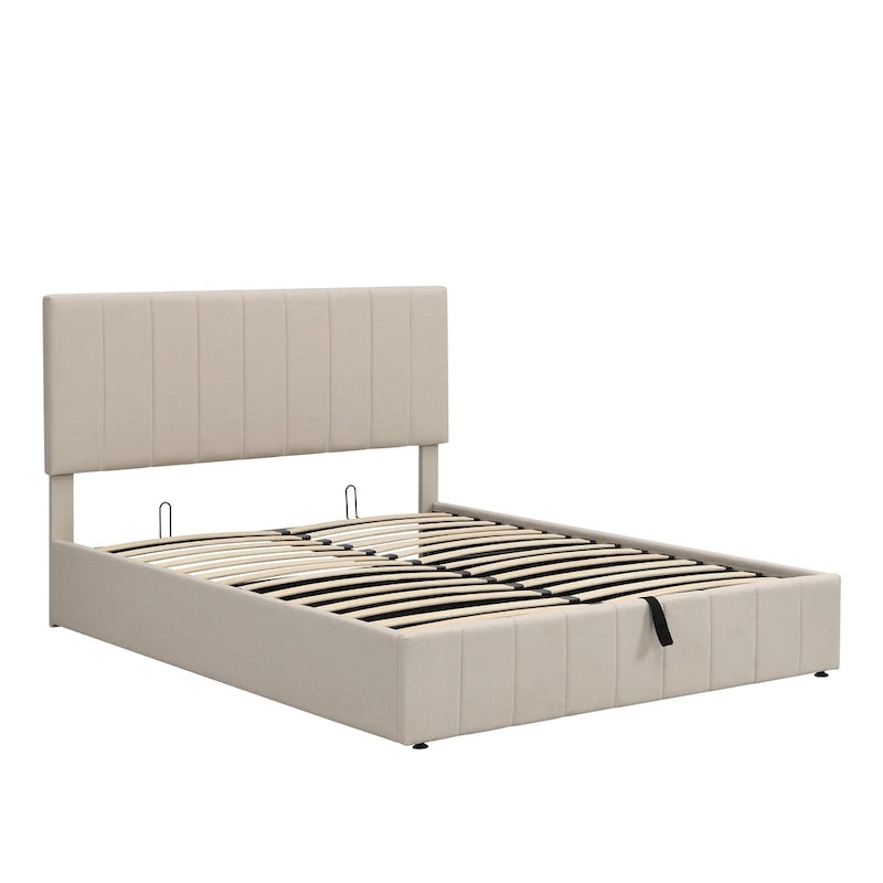 Lit plateforme Queen rembourré avec rangement hydraulique, lin beige