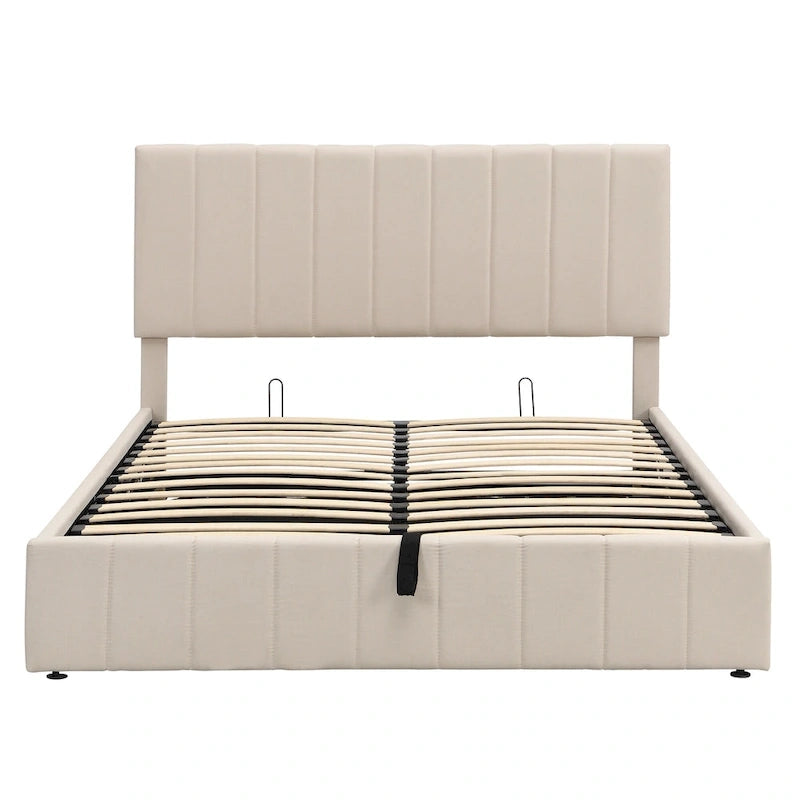 Lit plateforme Queen rembourré avec rangement hydraulique, lin beige