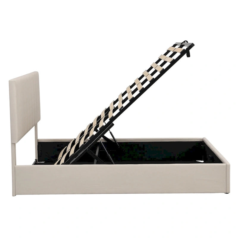 Lit plateforme Queen rembourré avec rangement hydraulique, lin beige