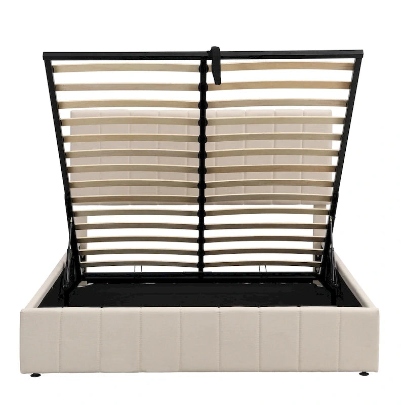 Lit plateforme Queen rembourré avec rangement hydraulique, lin beige