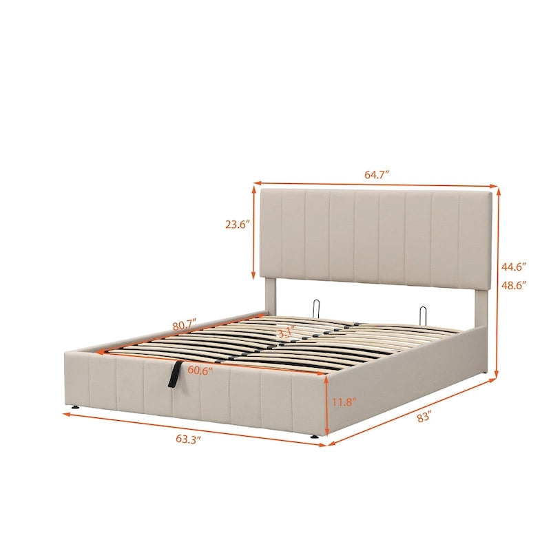 Lit plateforme Queen rembourré avec rangement hydraulique, lin beige