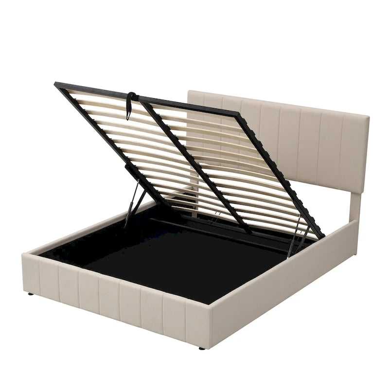 Lit plateforme Queen rembourré avec rangement hydraulique, lin beige