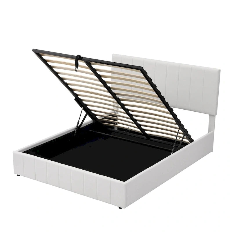 Lit plateforme Queen rembourré avec rangement hydraulique, lin beige