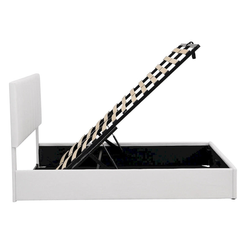 Lit plateforme Queen rembourré avec rangement hydraulique, lin beige