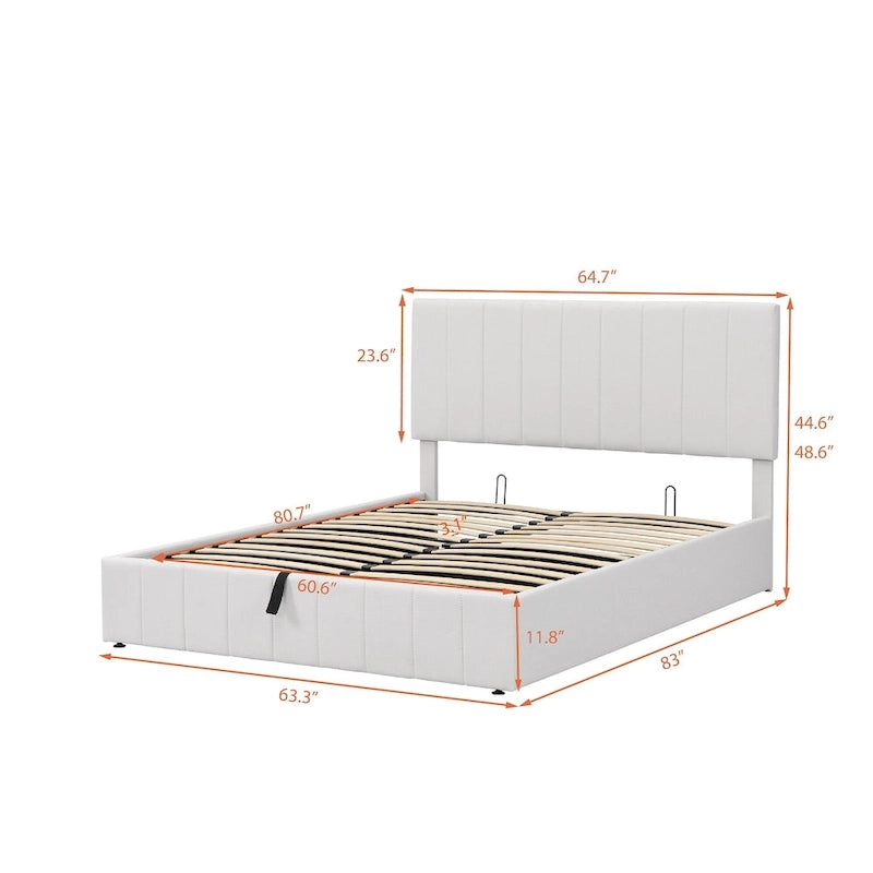 Lit plateforme Queen rembourré avec rangement hydraulique, lin beige