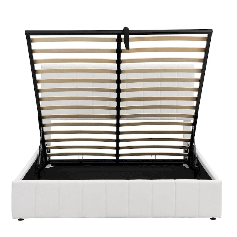 Lit plateforme Queen rembourré avec rangement hydraulique, lin beige