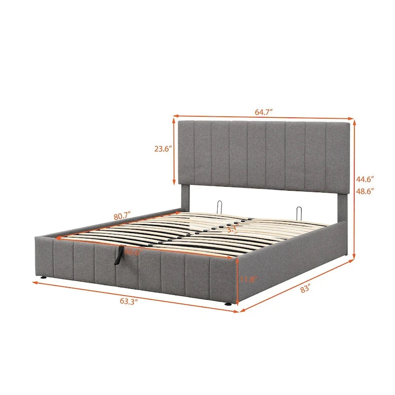Lit plateforme Queen rembourré avec rangement hydraulique, lin beige