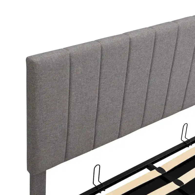 Lit plateforme Queen rembourré avec rangement hydraulique, lin beige