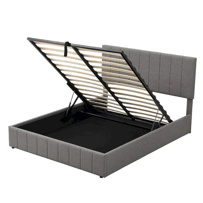 Lit plateforme Queen rembourré avec rangement hydraulique, lin beige
