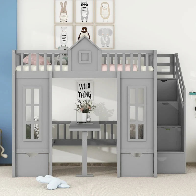 Lit mezzanine cabane gris pour enfants avec escalier, tiroirs de rangement et bureau inférieur