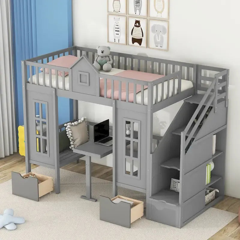 Lit mezzanine cabane gris pour enfants avec escalier, tiroirs de rangement et bureau inférieur