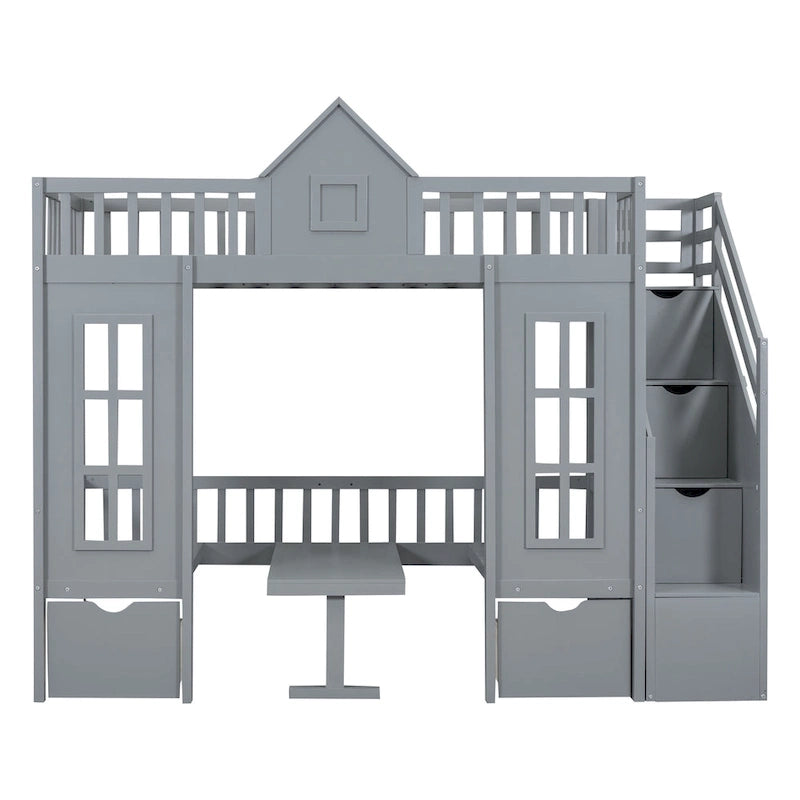 Lit mezzanine cabane gris pour enfants avec escalier, tiroirs de rangement et bureau inférieur