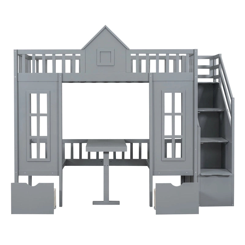 Lit mezzanine cabane gris pour enfants avec escalier, tiroirs de rangement et bureau inférieur