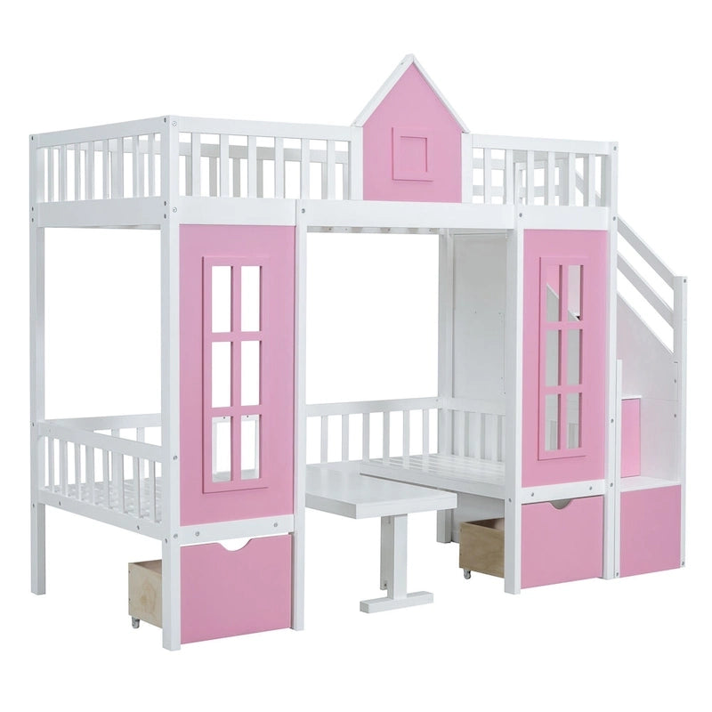Lit mezzanine cabane gris pour enfants avec escalier, tiroirs de rangement et bureau inférieur